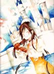  black_hair bodysuit breasts castle commentary_request cutting_hair dagger final_fantasy final_fantasy_ix garnet_til_alexandros_xvii gloves graphite_(medium) long_hair orange_bodysuit smile sobagaki_shinyo solo traditional_media watercolor_(medium) weapon 