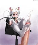  1boy 1girl animal_ears bishoujo_senshi_sailor_moon blush breasts cum cum_on_feet erection feet footjob medium_breasts mouse_ears penis purple_eyes sailor_iron_mouse thighhighs tiara white_hair white_legwear 