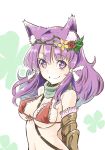  animal_ear_fluff animal_ears bashira_(sennen_sensou_aigis) bikini_top breasts cat_ears closed_mouth commentary eyebrows_visible_through_hair flower frilled_bikini_top hair_between_eyes hair_flower hair_ornament highres looking_at_viewer medium_breasts medium_hair oku_hideki purple_eyes purple_hair scarf sennen_sensou_aigis smile solo 