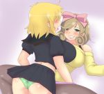  2girls ass bare_shoulders blonde_hair blush bow breasts brown_hair curly_hair from_behind green_eyes green_panties grin hair_bow haruka_(senran_kagura) large_breasts multiple_girls ojikam panties pantyhose ryouna_(senran_kagura) school_uniform senran_kagura shiny shiny_hair shiny_skin short_hair skirt smile sweater tongue tongue_out underwear yuri 