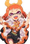  arms_up bangs black_shirt black_shorts blush boyshorts cape claw_pose commentary costume domino_mask face_jewel facing_viewer fangs halloween hands highres horns inkling kinagi_(3307377) looking_at_viewer mask open_mouth orange_eyes orange_hair sea_slug shirt shorts simple_background smile solo splatoon_(series) t-shirt tentacle_hair white_background wristband 
