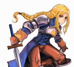  1girl agrias_oaks blonde_hair braid brown_eyes brown_gloves brown_pants dakusuta elbow_pads final_fantasy final_fantasy_tactics gloves knee_pads knight long_hair pants pauldrons simple_background single_braid solo sword weapon white_background 