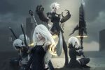  aiming_at_viewer android black_dress blue_eyes braid breasts chain cleavage cleavage_cutout commentary dress drone english_commentary floating_swords group_picture hair_over_one_eye headband highres holding holding_weapon huge_weapon katana lips mechanical_arms multiple_girls nier_(series) nier_automata nose pale_skin paul_remy pod_(nier_automata) pointing pointing_at_viewer ponytail robot_joints short_dress short_hair single_braid small_breasts spiked_hair sword weapon weapon_on_back what_if white_hair yorha_type_a_no._2 