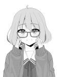  ahoge bangs blush cardigan closed_mouth eyebrows_visible_through_hair glasses greyscale hair_between_eyes hands_on_own_face hands_up highres kuriyama_mirai kyoukai_no_kanata long_sleeves looking_at_viewer mamel_27 monochrome neck_ribbon open_cardigan open_clothes ribbon sailor_collar school_uniform serafuku shirt simple_background sleeves_past_wrists smile solo upper_body white_background 