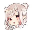  blush collared_shirt double_bun facial_mark final_fantasy final_fantasy_xiv heart lalafell long_hair midorikawa_you multicolored_hair parted_lips pointy_ears portrait red_eyes red_hair shirt side_bun silver_hair simple_background solo streaked_hair upper_teeth white_background white_shirt 