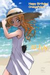  adjusting_clothes adjusting_hat alternate_hairstyle artist_name bangs beach black_bow blue_eyes blue_sky blush bow character_name cloud cloudy_sky commentary_request cowboy_shot dated day dress english eyebrows_visible_through_hair girls_und_panzer hair_down happy_birthday hat hat_bow highres long_hair looking_at_viewer matsui_yasutsugu ocean open_mouth orange_hair orange_pekoe outdoors short_dress signature sky smile solo sparkle standing straw_hat sun_hat white_dress 