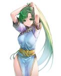  cowboy_shot earrings fingerless_gloves fire_emblem fire_emblem:_rekka_no_ken fire_emblem_heroes gloves green_eyes green_hair high_ponytail highres jewelry long_hair looking_at_viewer lyndis_(fire_emblem) miwabe_sakura pelvic_curtain ponytail side_slit simple_background solo standing very_long_hair white_background 