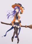  arm_up armpits bare_shoulders belt black_footwear black_gloves black_legwear blue_hair breasts broom commentary detached_sleeves fingerless_gloves fire_emblem fire_emblem:_souen_no_kiseki fire_emblem_heroes floating_hair garter_straps gloves green_eyes halloween_costume hand_on_headwear hat headband highres long_hair looking_at_viewer medium_breasts navel navel_cutout parted_lips shoes sideboob solo takaneko thighhighs wayu_(fire_emblem) white_headband wing_collar witch_hat 