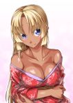  1girl angela_carat blonde_hair blue_eyes blush breasts c: cleavage closed_mouth collarbone crossed_arms dark_skin female gradient gradient_background highres japanese_clothes kimono large_breasts long_hair looking_at_viewer neck off_shoulder ozaneko pussy_juice red_clothes red_kimono shiny shiny_skin smile solo tag_force upper_body yu-gi-oh! yuu-gi-ou_tag_force 