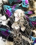  blue_eyes braid cowboy_shot fish_skeleton hands_on_own_neck highres inktober long_hair long_sleeves maruti_bitamin original photo profile ribbon_braid skeleton solo traditional_media white_hair 