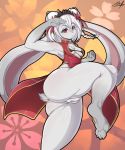  2018 4_toes 5_fingers abstract_background anthro barefoot big_ears biped bra braided_hair breasts chinese_clothing chinese_dress claws clothed clothing digital_media_(artwork) dress dryadex eyebrows eyelashes female fighting_stance fur grey_fur grey_tail hair hair_bow hair_bun hair_ribbon hi_res humanoid_hands lagomorph long_ears looking_at_viewer mammal pink_eyes pussy rabbit red_clothing red_dress ribbons short_tail signature small_tail solo thick_thighs toe_claws toes underwear white_hair 
