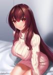  absurdres artist_name bed breasts celeryma commentary_request eyebrows_visible_through_hair fate/grand_order fate_(series) hair_intakes highres large_breasts lips long_hair looking_at_viewer purple_hair red_eyes ribbed_sweater scathach_(fate)_(all) scathach_(fate/grand_order) sitting smile solo sweater wall 