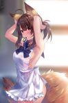  adjusting_hair ahoge animal_ear_fluff animal_ears armpits arms_up blush breasts brown_eyes brown_hair dress fox_ears fox_girl fox_tail hair_tie highres looking_at_viewer medium_breasts mouth_hold open_mouth original sailor_collar sailor_dress see-through_silhouette short_hair sideboob sidelocks solo sweat tail usagihime wet wet_clothes 