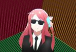  ahoge black_neckwear black_suit bow commentary cosplay dress_shirt eminem eminem_(cosplay) english_commentary formal hair_bow hair_ornament hakugin006 long_hair max_headroom_(series) minamoto_sakura necktie parody red_hair shirt solo striped striped_background sunglasses white_shirt zombie_land_saga 