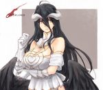  albedo bare_shoulders black_feathers black_wings breasts cleavage demon_girl demon_horns demon_wings detached_collar dress eyebrows_visible_through_hair feathered_wings feathers gloves hair_between_eyes hip_vent horns large_breasts low_wings overlord_(maruyama) parted_lips slit_pupils user_xgpy8228 white_dress white_gloves wings yellow_eyes 
