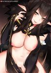  black_dress black_hair breasts dress fate/apocrypha fate_(series) fur_trim long_dress long_hair looking_at_viewer navel nipples pointy_ears pussy semiramis_(fate) smile solo tofuubear uncensored yellow_eyes 
