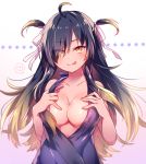  ;q ahoge bare_arms bare_shoulders black_dress black_hair blonde_hair blush breasts cleavage closed_mouth collarbone commentary_request dress eyebrows_visible_through_hair gradient gradient_background gradient_hair hair_over_one_eye hair_ribbon hand_under_clothes hands_on_own_chest head_tilt heart long_hair medium_breasts moe_on_drop multicolored_hair naughty_face one_eye_closed original pink_background pink_hair ribbon shiny shiny_hair sidelocks sleeveless sleeveless_dress solo speech_bubble spoken_heart tongue tongue_out two_side_up upper_body very_long_hair white_ribbon yellow_eyes 