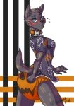 anthro biped canine clothed clothing collar diaper dog dutch_shepherd eyebrows female fully_clothed fur hair halloween holidays jasmine_(draugr) looking_back mammal open_mouth sagging_diaper simple_background solo sriiracha standing surprise urine wet_diaper wetting 