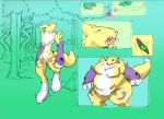  anthro armwear art-act berry black_sclera bridal_gauntlets clothing digimon eyes_closed female food forest fruit leaf magic open_mouth renamon rock solo transformation tree weight_gain yawn 