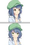  2koma bangs beathell blue_hair chin_stroking comic eyebrows_visible_through_hair green_eyes green_hat hat highres hood hoodie looking_at_viewer looking_to_the_side medium_hair original peaked_cap short_hair smile smirk thinking upper_body white_background yaruo 