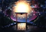 crack fireworks forest highres light light_particles nameless_neet nature night night_sky no_humans original outdoors plant reflection rock scenery sky stone_wall tile_floor tiles torii tree wall 