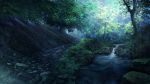  day forest grass highres kojomi_(7j543) landscape moss nature no_humans official_art original outdoors plant river roots scenery stone sunlight tree 