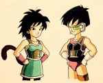  armor armored_skirt bare_arms bare_shoulders black_eyes black_hair commentary_request dragon_ball dragon_ball_z earrings eyelashes frown gine gloves grin hand_on_hip happy jewelry lee_(dragon_garou) looking_at_viewer multiple_girls pink_shirt scouter see-through seripa shaded_face shirt short_hair simple_background sleeveless sleeveless_shirt smile standing tail upper_body white_background white_gloves wristband 