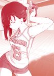  armpits arms_behind_head bare_shoulders clothes_writing contrapposto gym_shorts indoors kujou_hyotarouo long_hair looking_at_viewer monochrome ponytail scrunchie shirt shorts sleeveless sleeveless_shirt solo sportswear ssss.gridman sweat takarada_rikka tying_hair volleyball_uniform wooden_floor 