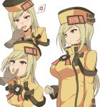  bangs blonde_hair blue_eyes blush breasts closed_mouth clothes_writing disembodied_limb eyebrows_visible_through_hair finger_in_another's_mouth fingerless_gloves gloves grabbing guilty_gear guilty_gear_xrd hat highres jacket large_breasts long_hair long_sleeves looking_at_viewer millia_rage nose_blush open_mouth orange_hat orange_jacket spoken_anger_vein sweatdrop swept_bangs tongue tongue_out verseir_001 very_long_hair white_gloves 