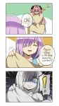  1boy 1girl 3koma arm_support astolfo_(fate) black_bow blanket bow braid bulge closed_eyes closed_mouth comic commentary crack cracked_skin english_commentary engrish erection_under_blanket fate/grand_order fate_(series) hair_bow hair_intakes highres long_braid long_hair looking_at_penis maroonabyss mash_kyrielight motion_lines multicolored_hair open_mouth otoko_no_ko out_of_frame penis_awe pink_hair purple_eyes purple_hair ranguage recurring_image school_uniform serafuku shaded_face short_hair short_sleeves signature single_braid sitting sleeping smile speech_bubble spoken_exclamation_mark streaked_hair surprised sweat table two-tone_hair very_long_hair white_hair wide-eyed zzz 