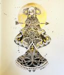  arrow blush braid dress eyebrows_visible_through_hair full_body gold grey_eyes hair_between_eyes hair_tubes highres holding_arrow inktober long_hair maruti_bitamin original photo solo standing traditional_media white_hair 