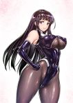  black_hair black_leotard bodysuit breasts cameltoe commentary_request covered_navel covered_nipples cowboy_shot elbow_gloves gloves hands_on_hips large_breasts leotard long_hair looking_at_viewer original purple_eyes rindou_(radical_dream) skin_tight smile solo standing strapless strapless_leotard thighhighs thighs 