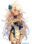  ahoge azur_lane bangs bare_shoulders black_gloves blonde_hair blush bow breasts brooklyn_(azur_lane) buttons cleavage commentary_request dark_skin double-breasted elbow_gloves eyebrows_visible_through_hair garter_belt garter_straps gloves hand_up hips large_breasts long_hair looking_at_viewer messy_hair open_mouth panties pelvic_curtain red_eyes ryuuki_(hydrangea) simple_background skindentation solo swept_bangs tan thigh_gap thighhighs twitter_username underwear very_long_hair wavy_hair white_background 