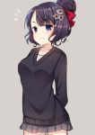  arms_behind_back black_sweater blush bow breasts closed_mouth collarbone commentary_request cowboy_shot fate/grand_order fate_(series) grey_background grey_skirt hair_bow hair_bun hair_ornament head_tilt highres katsushika_hokusai_(fate/grand_order) ko_yu looking_at_viewer medium_breasts miniskirt pleated_skirt purple_eyes purple_hair red_bow simple_background skirt smile solo sweater 