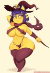 2018 animal_crossing ankha_(animal_crossing) anthro areola big_breasts blue_hair breasts cat clothed clothing costume egyptian feline female green_eyes hair hat hi_res holding_object hotkeke1 legwear magic_user mammal nintendo nipple_bulge short_hair short_stack simple_background solo thick_thighs thigh_squish video_games wand white_background witch witch_hat 
