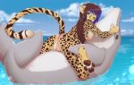  2018 4_toes 5_fingers anthro bikini blue_eyes breasts brown_hair butt camel_toe cetacean cheetah clothed clothing day dolphin feline female feral fur hair inflatable inner_ear_fluff kyotokisha15 long_hair looking_back mammal marine outside pawpads rear_view sea sky smile spots spotted_fur swimsuit toes water whiskers yellow_fur 