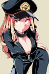  bodysuit boku_no_hero_academia breasts brown_eyes choker cleavage cowboy_shot eyelashes gokuu_(acoloredpencil) half-closed_eyes hand_on_hip hat highres large_breasts leaning_forward lips long_hair long_sleeves looking_at_viewer parted_lips police_hat solo unzipped utsushimi_kemii 