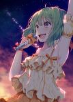  ahoge armpits bangs bare_shoulders blush bow brown_eyes cloud cloudy_sky commentary_request detached_sleeves dress green_hair hair_between_eyes holding holding_microphone macross macross_frontier microphone night night_sky orange_bow outdoors puffy_short_sleeves puffy_sleeves ranka_lee red_bow seikan_hikou shiomizu_(swat) short_sleeves sky sleeveless sleeveless_dress solo star_(sky) starry_sky upper_teeth yellow_dress 
