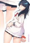  ass bangs black_hair black_skirt blue_eyes blush breasts closed_mouth commentary_request hand_on_hip long_hair long_sleeves looking_at_viewer looking_back panties pleated_skirt red_neckwear school_uniform scrunchie simple_background skirt ssss.gridman super_zombie sweater takarada_rikka thighs underwear white_background white_panties white_sweater wrist_scrunchie 