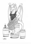  2018 alcohol anthro barrel beverage bottle breasts dragon female greyscale grin hand_on_hip horn looking_at_viewer monochrome rabbi-tom scalie simple_background sitting smile solo tylyddar western_dragon 