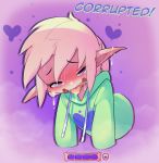  &lt;3 ambiguous_gender blush clothed clothing corruption cum cum_on_face elf english_text fan_character girly hi_res hoodie hoodie_(artist) humanoid max_(hoodie) not_furry pheromones solo text 