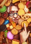  blue-framed_eyewear blue_eyes commentary_request cookie cookie_clicker face fingernails food glasses grandma_(cookie_clicker) hands heart looking_at_viewer old_woman parted_lips sassa_(cb) solo white_hair wrinkled_skin 