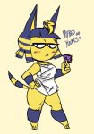  animal_crossing ankha_(animal_crossing) anthro bandage cat clothing condom egyptian feline female fur holding_condom holding_object looking_at_viewer mammal mhasses nintendo short_stack simple_background solo standing text video_games yellow_fur 