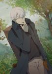  aoki_(fumomo) black_cape black_shirt brown_pants cape cigarette cloud cloudy_sky day dutch_angle ginko grey_eyes hair_over_one_eye leaf male_focus mushishi outdoors pants shirt silver_hair sky smoking solo tree 