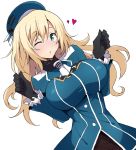  :o atago_(kantai_collection) beret black_gloves black_shirt blonde_hair blue_hat blue_jacket blush breasts gloves green_eyes hat heart jacket kantai_collection large_breasts long_hair looking_at_viewer military military_uniform nel-c one_eye_closed open_mouth pantyhose shirt simple_background smile solo tailcoat uniform white_background white_neckwear 