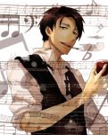  alcohol bass_clef beamed_eighth_notes beamed_sixteenth_notes black_neckwear bowtie_removed brown_hair cigarette cup drinking_glass katsuragi_jun'ichi mikann0206 musical_note quarter_note sakamichi_no_apollon sixteenth_rest smoking solo standing treble_clef upper_body vest wine wine_glass 