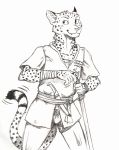  0laffson 2018 5_fingers anthro cheetah feline fur holding_object holding_weapon mammal melee_weapon sketch smile solo spots spotted_fur sword traditional_media_(artwork) weapon 