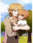  blanko! blue_sky bob_cut brown_eyes brown_hair carrying child child_carry cloud danganronpa danganronpa_1 day father_and_son fujisaki_chihiro fujisaki_taichi glasses looking_at_viewer multiple_boys open_mouth otoko_no_ko shirt short_hair sky smile t-shirt tree white_shirt yellow_eyes younger zettai_zetsubou_shoujo 