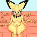  angry anthro anthrofied areola bed belly black_nose blue_eyes blush breasts chowdie dialogue english_text eyebrows eyelashes female freckles fur hair looking_up mammal multicolored_fur navel nintendo open_mouth pichu pok&eacute;mon pok&eacute;mon_(species) pok&eacute;morph pussy rodent slightly_chubby solo solo_focus text video_games wide_hips young 