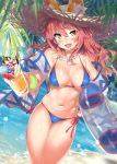  animal_ear_fluff animal_ears bangs bare_shoulders beach bikini blue_bikini blue_sky blush bracelet breasts cleavage cloud collarbone commentary_request cup day ears_through_headwear eyebrows_visible_through_hair fang fate/grand_order fate_(series) fox_ears fox_girl hair_between_eyes hat highres holding holding_cup holding_innertube innertube jewelry kawai long_hair looking_at_viewer medium_breasts navel necklace ocean open_mouth outdoors palm_tree pink_hair sand side-tie_bikini sky smile solo standing straw_hat sun_hat swimsuit tamamo_(fate)_(all) tamamo_no_mae_(swimsuit_lancer)_(fate) tree water yellow_eyes 